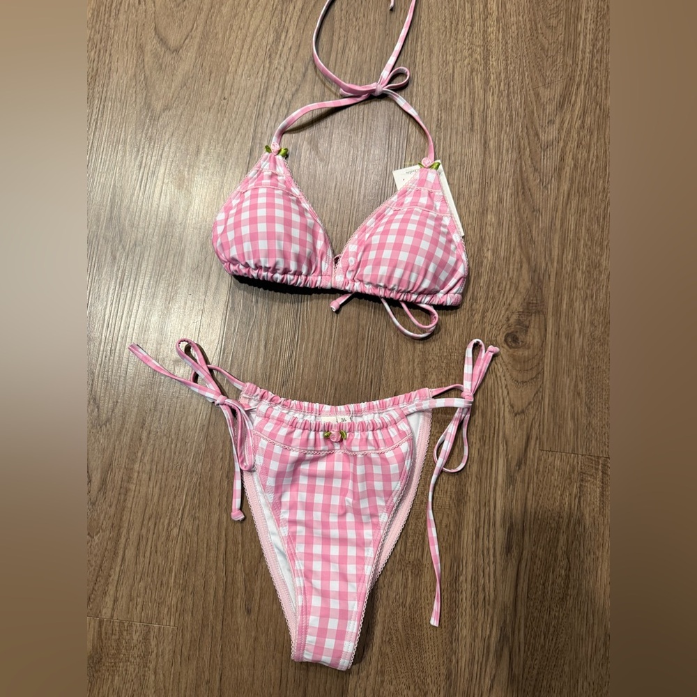 The Frolic x Lydia Kara triangle Bikini Set top & bottoms Pink Gingham Sz S NWT - Picture 6 of 8